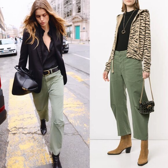 Nili Lotan Shon Camo Green Twill Cotton Barrel Leg Cropped Pant Size 00 - Picture 11 of 11